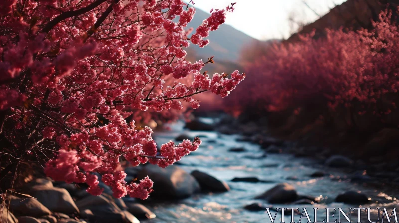 Serene Landscape: River Flowing Through a Blossoming Valley AI Image