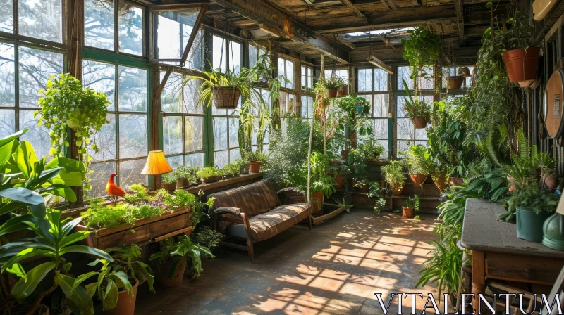 Sunlit Sunroom with Lush Green Plants AI Image