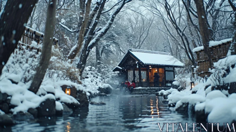 Traditional Japanese Onsen in Snowy Forest AI Image
