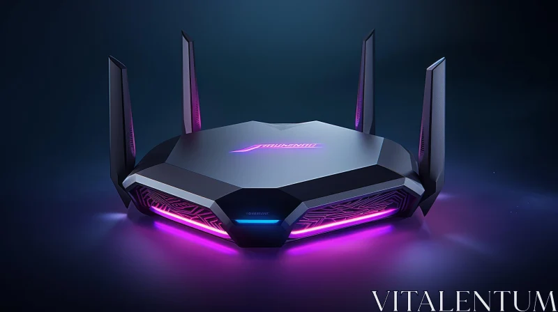 Black & Gray Gaming Router with Antennas and Pink-Blue Light AI Image