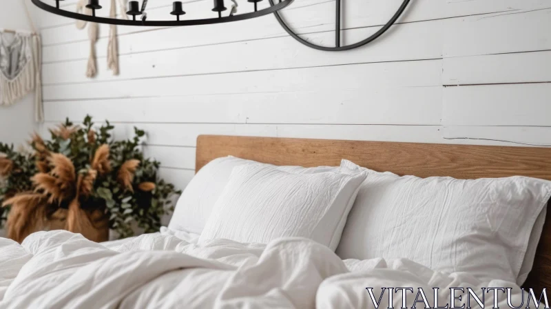 Cozy Bedroom with Messy Bedding and Wooden Headboard AI Image