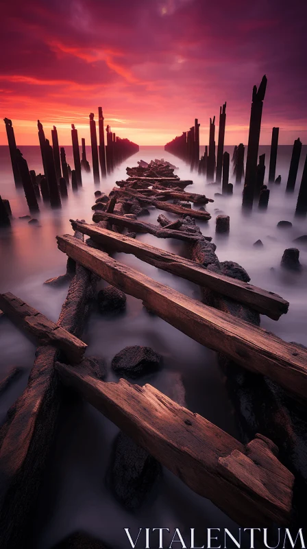 Decaying Bridge Leading to the Ocean at Sunset | Grandiose Ruins AI Image