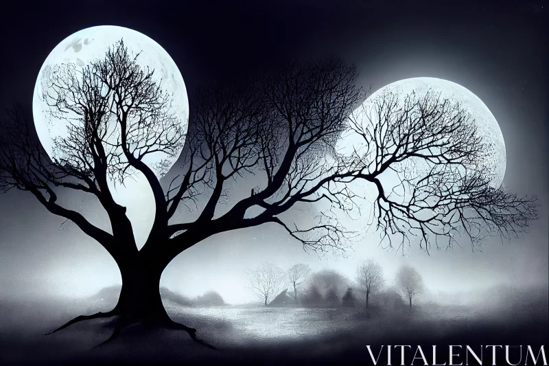 Hauntingly Beautiful Moonlit Tree Illustration in Gothic Style AI Image