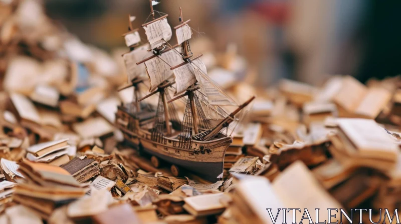 Wooden Model Ship on Books and Papers: A Captivating Image AI Image
