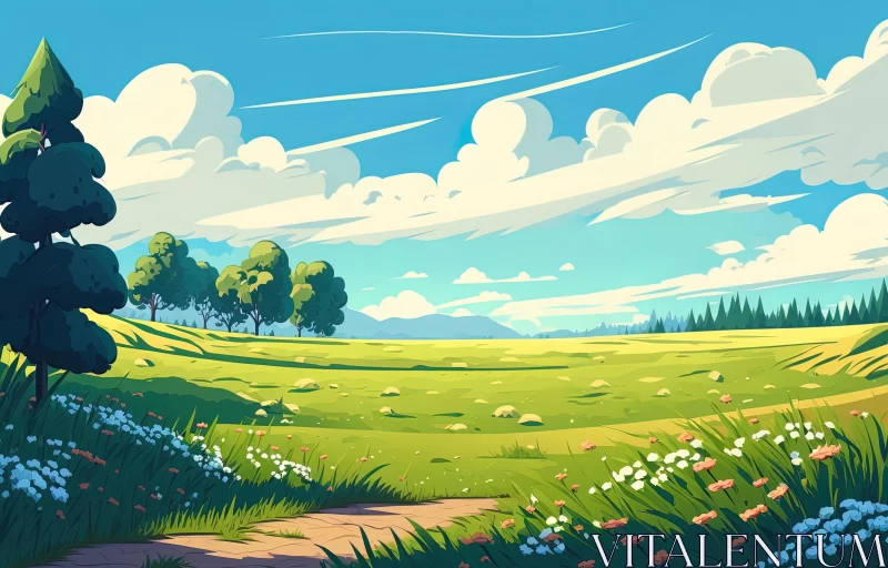 Captivating Green Field Illustration with Whimsical Anime Style AI Image