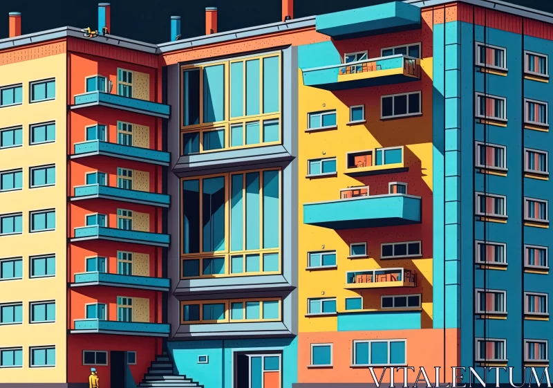 Colorful Apartment Complex in Retro Cartoon Style AI Image