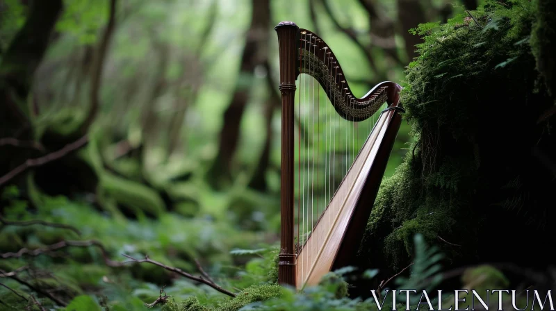 Enchanting Harp in Forest: A Captivating Fusion of Music and Nature AI Image