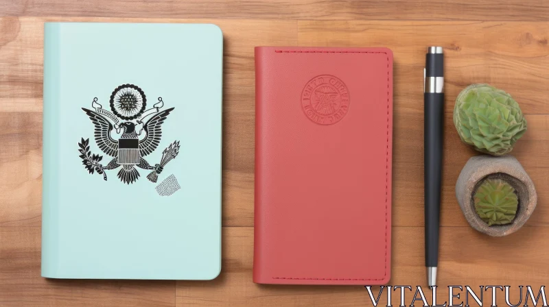 Passport Holder with Pen and Plant on Wooden Table AI Image
