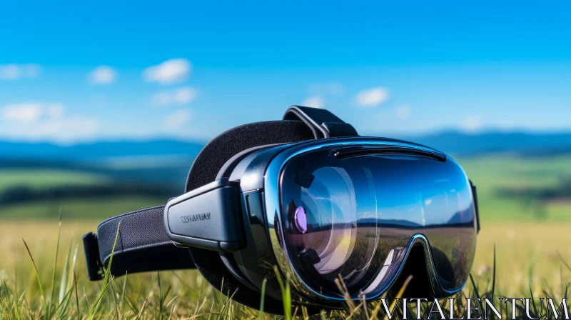 Virtual Reality Glasses on Green Grass with Mountain Landscape AI Image