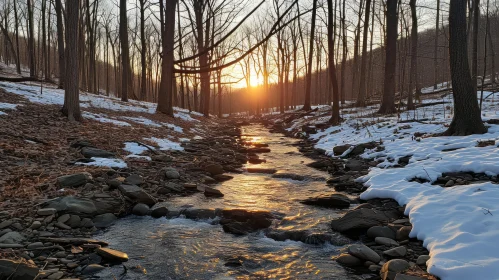 Peaceful Winter Landscape with Shining Sun and Serene Creek