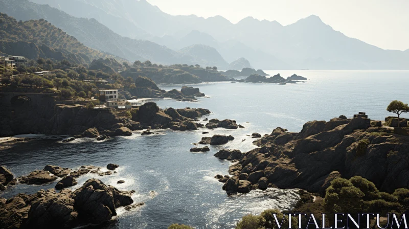 Serene Mountainside near Rocky Ocean - Captivating Natural Beauty AI Image