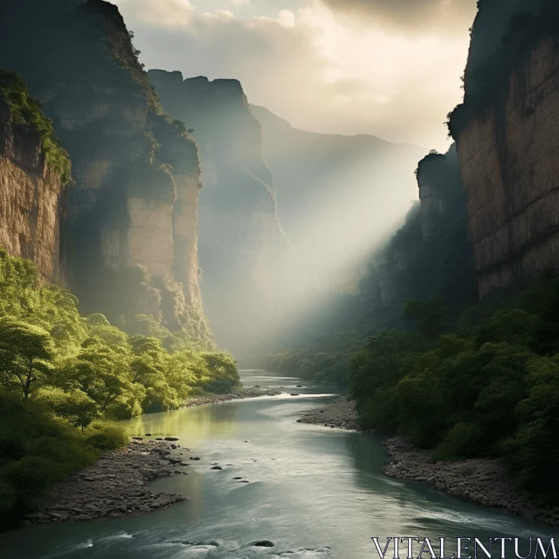 AI ART Sunshine River in Rural China: Realistic Depiction of Light