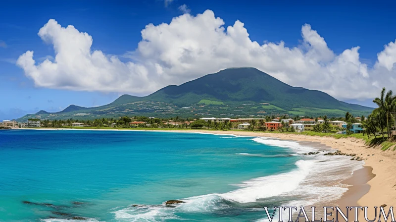 Tranquil Beach with Majestic Mountain | Afro-Caribbean Influence AI Image