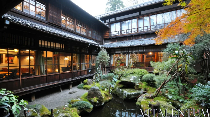 Tranquil Japanese Courtyard Garden with Pond AI Image