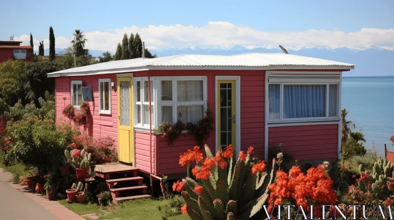 Colorful Bungalow by the Lake: A Retro Charm with Vintage Vibes AI Image