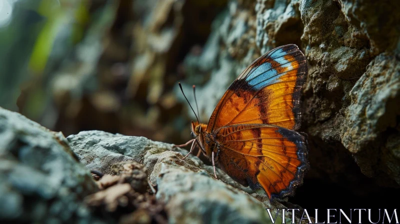 Enigmatic Orange Butterfly on Rock in Dark Cave AI Image