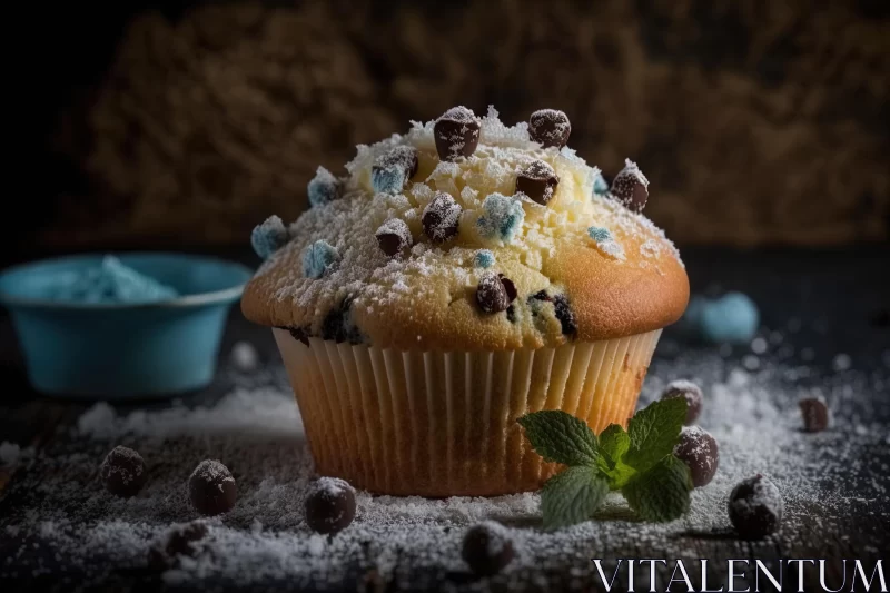 AI ART Frozen Blue Chip Muffin on Black Wooden Ground with Sugar Sprinkle