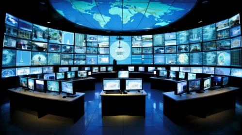 Futuristic Computer Monitor Room with World Map Display