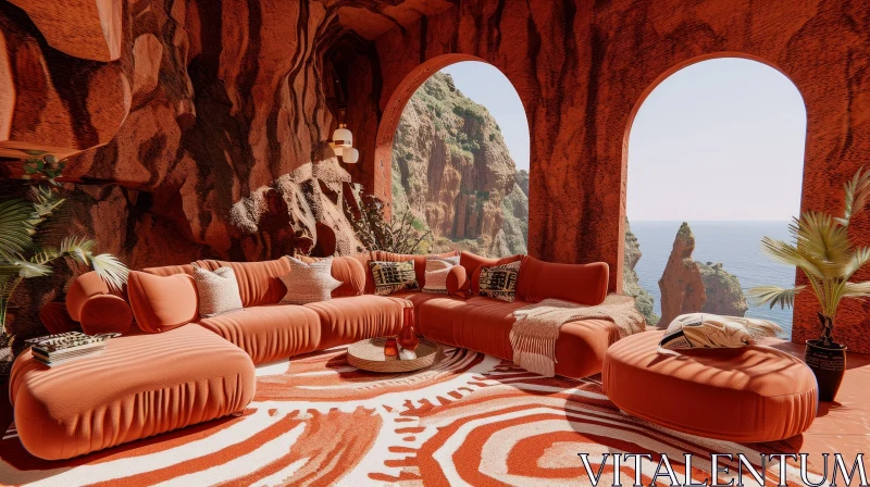 AI ART Modern Living Room in a Cave | Stunning Ocean View
