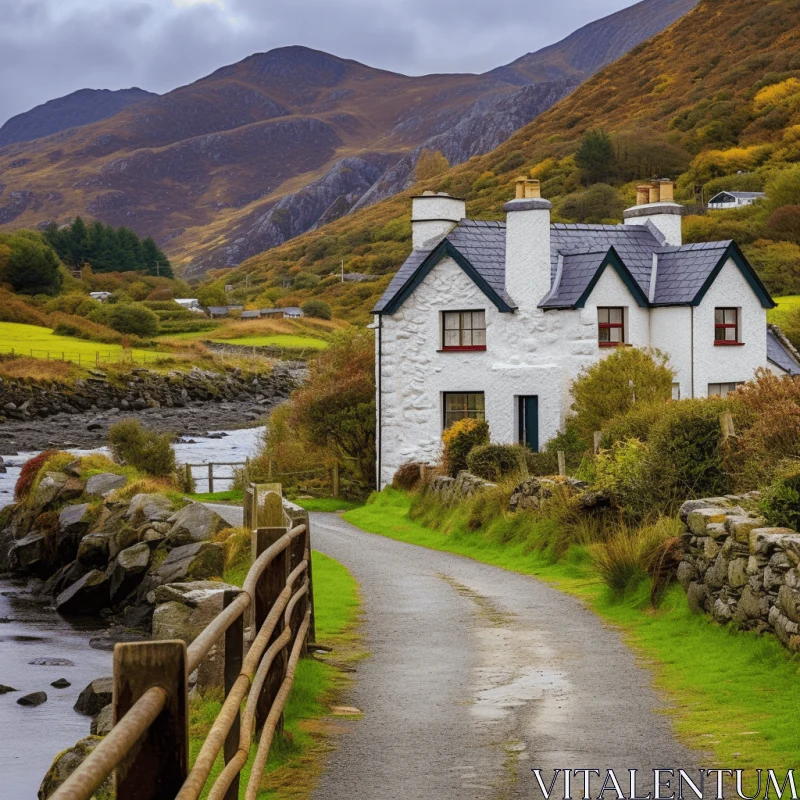 Old Cottage by the Stream in a Picturesque Valley - Vintage Landscape AI Image