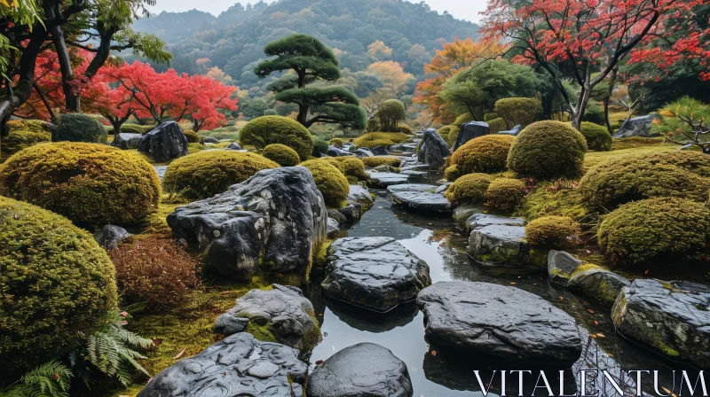 Peaceful Japanese Garden with Stone Path and Blooming Trees AI Image