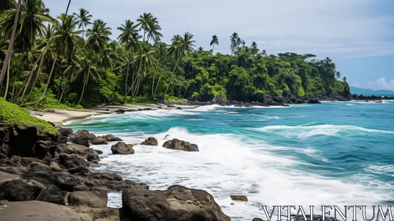 Serene Beach with Rocky Shores and Tropical Trees AI Image