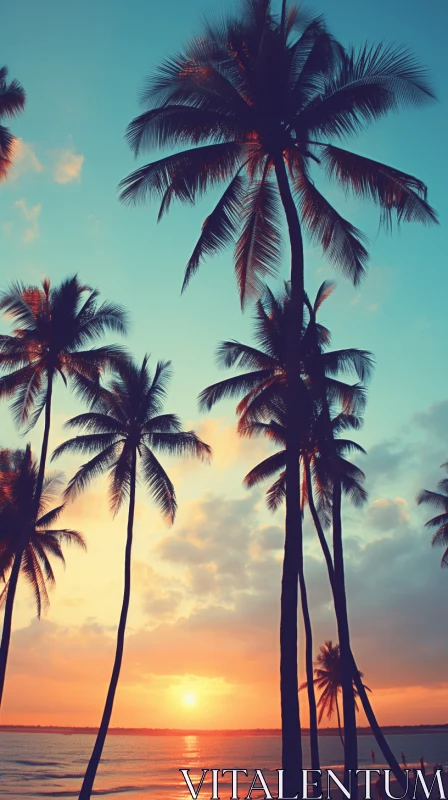 Serene Tropical Beach Scene with Palm Trees at Sunset | Vintage-Inspired AI Image