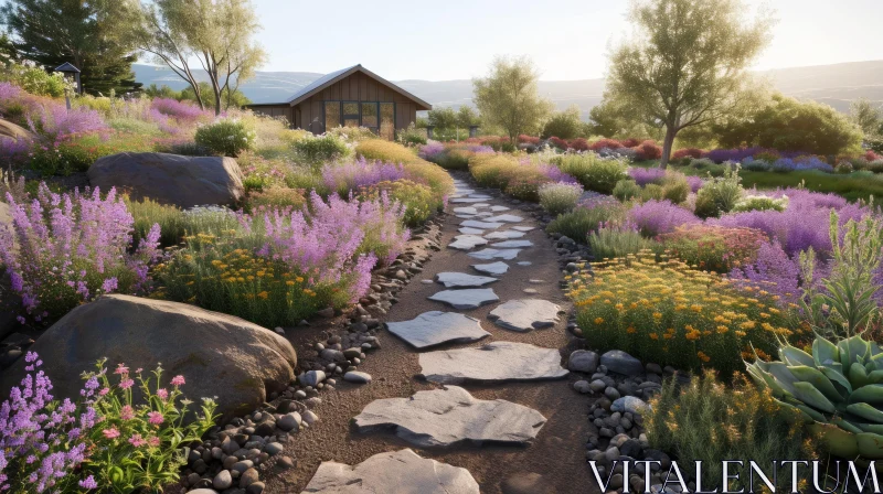 AI ART Tranquil Garden Landscape with Colorful Flowers and Stone Path