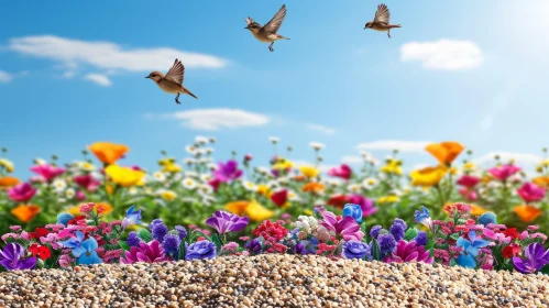 Vibrant Flower Field with Birds in the Sky | Nature Photography
