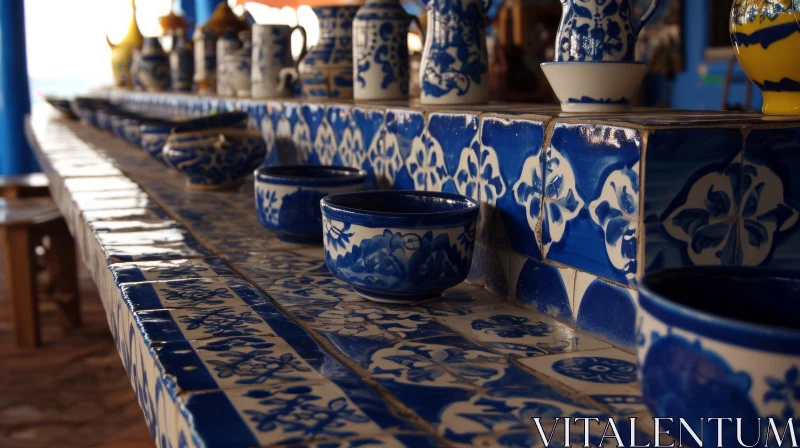 Blue and White Ceramic Bowls and Pitchers on a Sunny Outdoor Counter AI Image