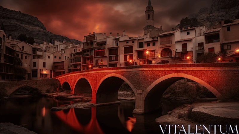 Captivating Bridge Over a Stone River in a Town by Night AI Image
