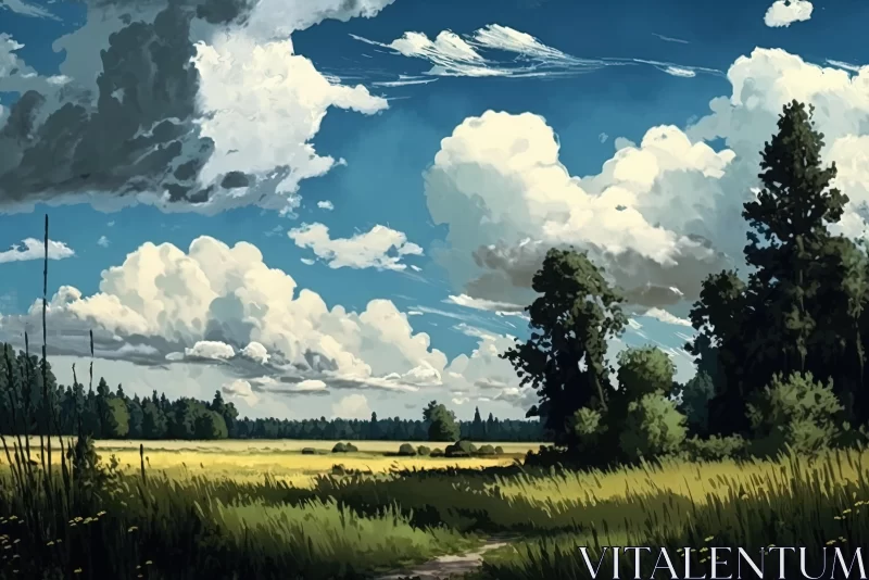Enchanting Anime Art: Meadow with Clouds and Yellow Path AI Image