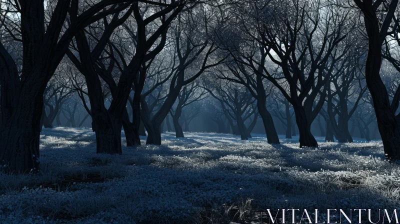 Enigmatic Snow-Covered Forest: A Captivating Photograph AI Image