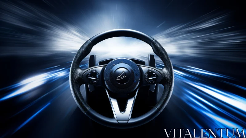 Futuristic Black Racing Steering Wheel with Blue LED Lights AI Image