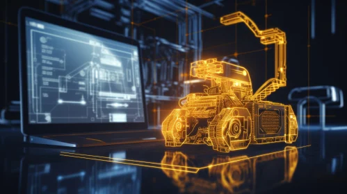 Futuristic Orange Robotic Vehicle with Computer Blueprint