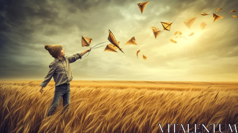 Joyful Boy Flying Bird Kite in Wheat Field AI Image