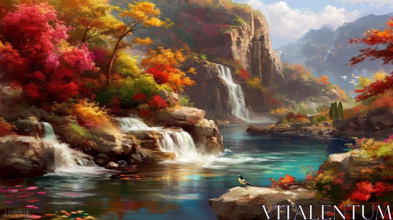 Serene Mountain Valley in Fall | Vibrant Forest & Waterfalls AI Image