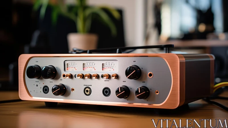 Silver and Copper Audio Interface with Knobs and Buttons AI Image