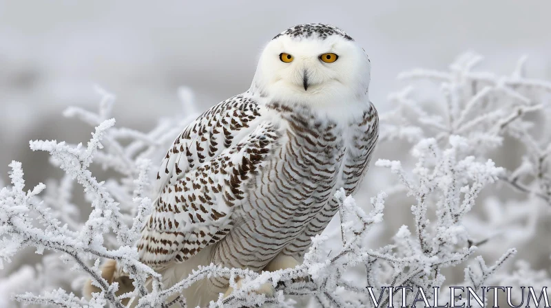 Snowy Owl Perched on Snow-Covered Branch | Majestic Nature Photography AI Image