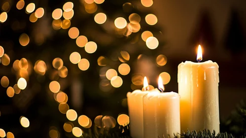 Captivating Image: Three Burning Candles on Blurred Christmas Lights Background
