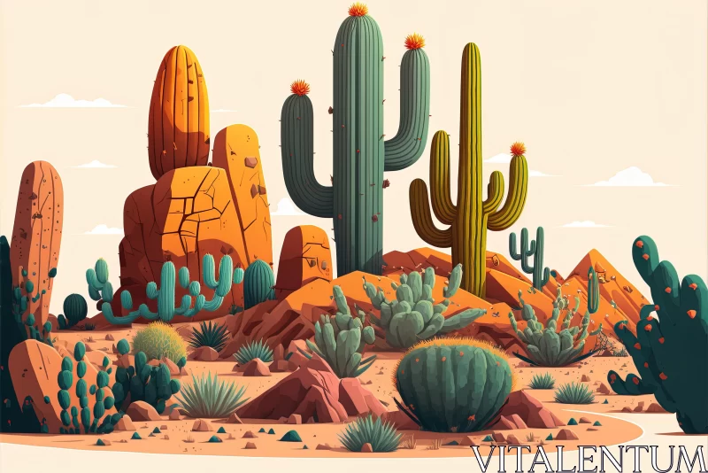 Colorful Cartoon Cactus Landscape: Hyper-Detailed Desert Illustration AI Image