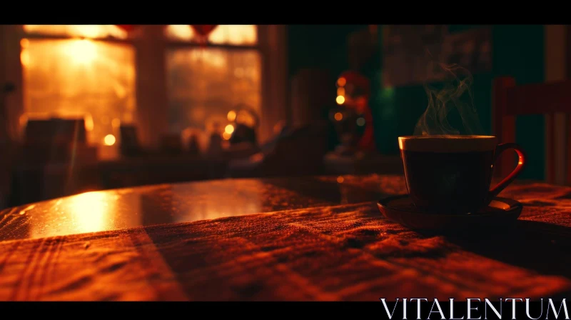 Cozy Still Life: Dark Brown Cup of Coffee on a Wooden Table AI Image