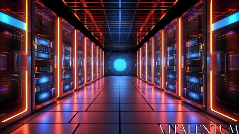 Dark and Mysterious Data Center with Server Racks and Eerie Glow AI Image