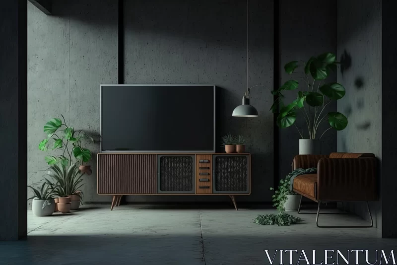Trendy Living Room Interior: Modern TV, Console, and Detailed Foliage AI Image