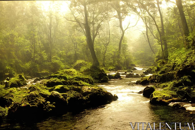 Captivating Forest Landscape with Flowing Stream | Ethereal Atmospheres AI Image