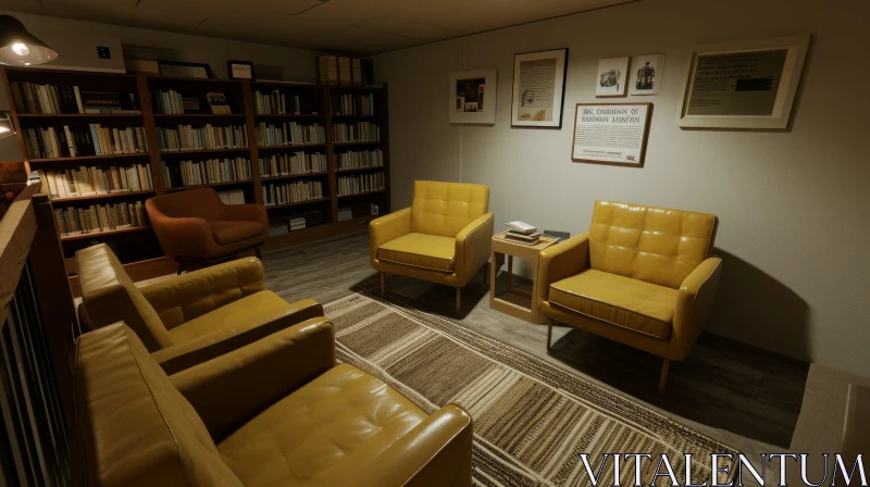 Dimly Lit Room with Yellow Leather Armchairs and Bookshelves AI Image