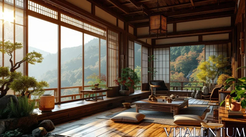 AI ART Tranquil Japanese-Style Room with Mountain View