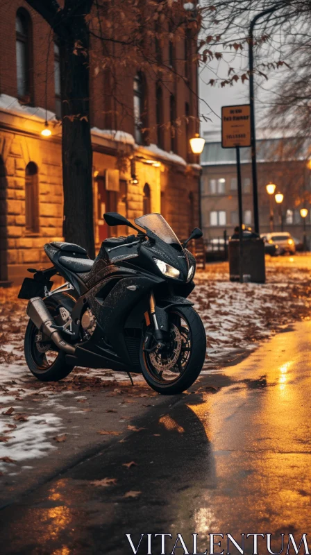 Black Motorcycle on Evening Street | Cold Atmosphere | Neo-Plasticist AI Image