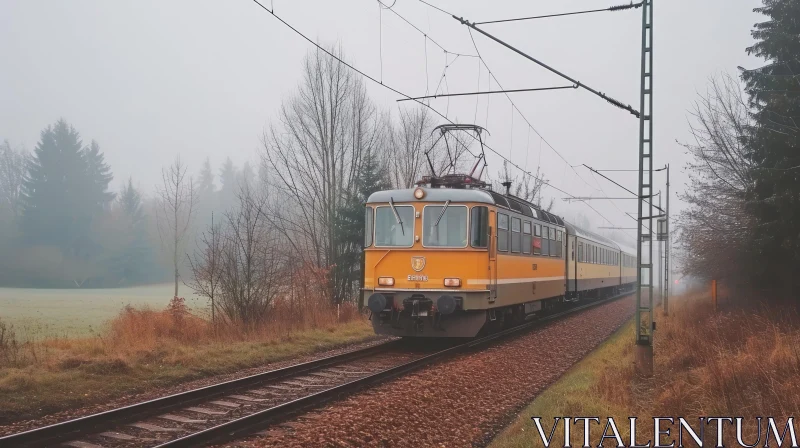 Enigmatic Yellow Electric Train Gliding Through Foggy Rural Landscape AI Image