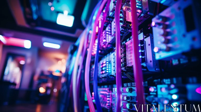 Futuristic Server Rack Illuminated by Purple Light AI Image